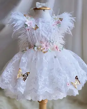 Бели рокли с пеперуди и цветя модел за момичета на Сватба, детско Бельо рокля от тюл за рожден ден, празнични рокли за момичета