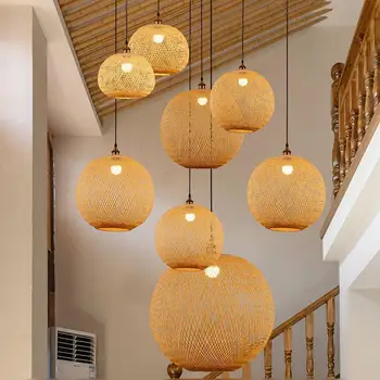 Японски сплетен бамбук дървен окачен лампа Дзен Buddihist Блясък Тавана лампа, полилей, лампа за дневна, спални, аксесоари за дома