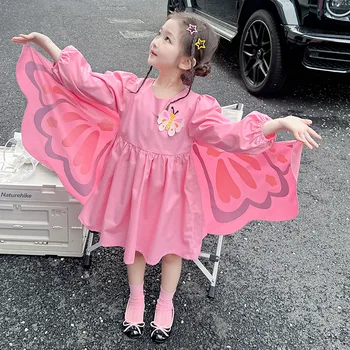 Бебешка Рокля-пеперуда за момичета, Есента Памучни дрехи с дълъг ръкав и Необичайно Крила, Модни и Ежедневни дрехи Vestido