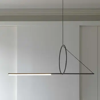 Скандинавски минималистичен геометричен led окачен тавана лампа за хола, маса за хранене, Черна желязна линийка, окачена лампа за дневна