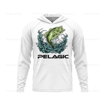 pelagic Мъжки Риболовна риза с качулка, дрехи за риболов с дълъг ръкав, риболовна тениска, риза за риболов с защита от uv, Дрехи за риболов
