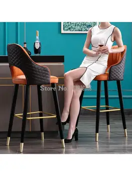 Лесен луксозен бар стол от масивно дърво, американски стол, висок на фона на скандинавския бар стол за сядане, модерен лесен домакински оранжев стол
