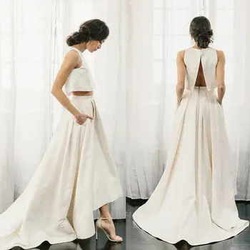 2 предмета, Vestidos De Noiva, Прости сатен сватбени рокли Трапецовидна форма в стил Бохо 2023, Елегантна Плажна сватба на Принцеса рокля на Булката
