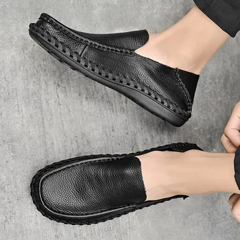 Мъжки обувки Ежедневни Луксозна Лятна Ежедневни кожени обувки устойчива на плъзгане Черен обувки за шофиране Мека Ниска платформа Градинска лека дишаща