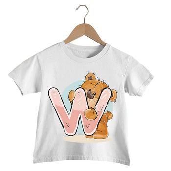 Детски Летни Тениски с изображение на Мечка и от азбуката, от 3 до 14 години, Ежедневни облекла За момчета, Бели блузи с анимационни герои, Тениска за момичета, Кавайная тениска с азбука