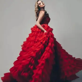 Тъмно-червени тюлевые вечерни рокли с дълбоко деколте, без ръкави, Дантелени много къдри, Женствена рокля за бала, Официално парти vestido de новия