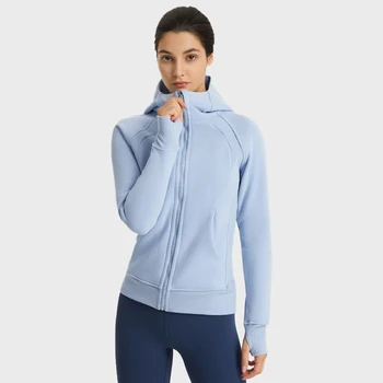 Тениска за йога с логото на Lu За жени, есенно-зимна топла дебела спортно яке с качулка, приталенная, Класическа, с дупка за палеца, за фитнес зала