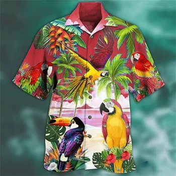 Модерен мъжки ризи с 3D принтом папагал, луксозно мъжко облекло, риза с кубински яка и къси ръкави, Hoody Оверсайз, улични върховете