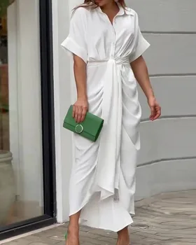 Модерно с нова рокля-пола с ревера 2023 г., дълго, с къси ръкави, однобортное, с висока талия, бяло
