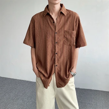 2023 Корейската мода отворена риза за мъжете, Летен тренд копчета с къс ръкав, Без дизайн в ниша, Красиви памучни ежедневни ризи за мъже
