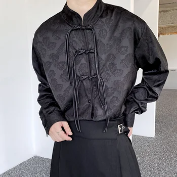 SYUHGFA Есенни Нова Тенденция ризи За мъже В Китайски стил, Облекло, ръчен труд копчета с Висока деколте, Потник от сатен и жакард с дълъг ръкав