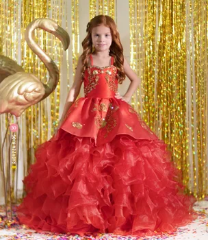 Червените мини-буйни Рокли, бални Рокли с тънки спагети презрамки, рокли с аппликацией за момичета-цветочниц, Мексикански Сватбени празнични рокли, детски