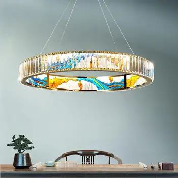 Модерна Нова Полилей цвят на емайла, Окачена лампа от Кристално Стъкло, Луксозно led пръстен, Интериор на Вили, Осветление Спални, кабинет, трапезария