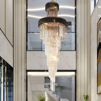 Големи кристални полилеи led с дълъг кон, Хотелски хол, всекидневна, Луксозно многослойно покритие на стълби, Черно лампа от неръждаема стомана
