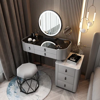 Тоалетка за грим в спалнята, огледало с осветление, Черна кутии за съхранение, Тоалетка, Луксозно обзавеждане за спални, френски мебели