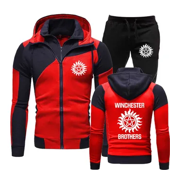 Нов Мъжки принт с логото на Winchester, Двоен Цип, Ветрозащитный Дизайн, Мъжки яке + панталон, Комплект, Модни и Ежедневни hoody в стил хип-Хоп, Мъжки Дрехи