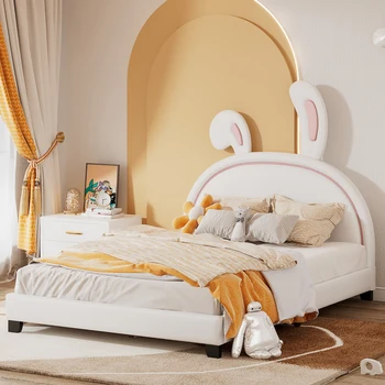 Пълен размер на кожено легло на платформата с орнаменти във формата на зайче за вътрешни мебели, спални, бял