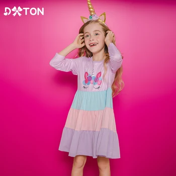 DXTON/ рокля с анимационни принтом Еднорог за момичета, Детски цветно рокля с дълги ръкави и джобове, есенно-пролетни ежедневни костюми за момичета