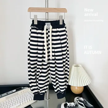 2023 Нови есенни памучни панталони за малки момчета и момичета, Детски памучни панталони с еластичен колан и принтом шарени, Модерни Детски Свободни зреещи