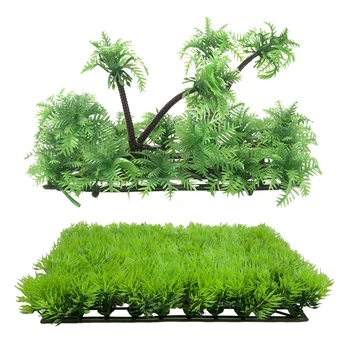 Промоция! Изкуствена изкуствена вода Водно Растение с зелена трева, Поляна, Аквариумный пейзаж и изкуствена кокосова палма с височина 3,9 инча