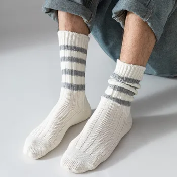 Мъжки чорапи със средна дължина, Реколта памучни дизайнерски обикновена чорапи за градски момчета, възли дебел конец, Ежедневни спортни чорапи, чорапи за колоездене и пешеходен туризъм
