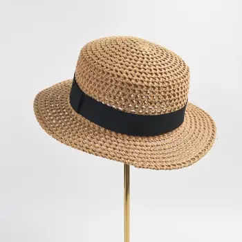 Модни сламена плажна шапка с плосък покрив, Дамски шапки-шапка, Панама, Слама фетровая шапка, Дамски солнцезащитная шапка за пътуване