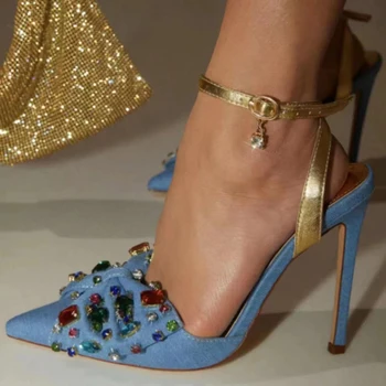 Дънкови сандали с цветни диаманти, Синя пеперуда, Високи токчета-игли, са Остри пръсти, въжета щиколотках, Дънкови обувки