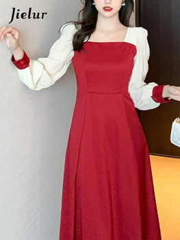 Jielur Елегантни Прости Ежедневни дамски рокли са с тънка талия, Класически модерен Офис женски обувки, Есен женствена рокля червено бяло
