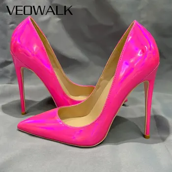 Veowalk/Гланц Дамски обувки-лодка розов цвят, с Фламинго, Класически Сватбени модела обувки на висок Ток, без скрепителни елементи, по-Големи Размери 3-12,5