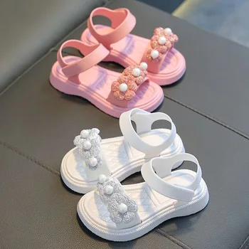 Congme/ Модни Сандали за момичета В Корейски стил; Обувки на плоска подметка с Цветя Модел и Перли За Деца; Нескользящая Хубава Плажна Обувки на Принцесата