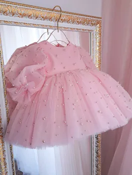 Сладки розови рокли с цветя модел за момичета с дължина до коляното, тюл, перли, детско бална рокля с лък за парти в чест на деня на раждане за деца