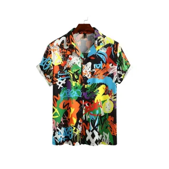 Хавайски 3D картина с маслени бои с геометричен принтом топ с къс ръкав за мъже, мода за лятната почивка на плажа, ежедневни риза