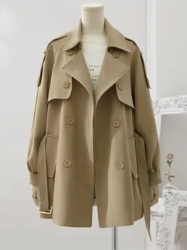 Палто в английски стил, двубортный тренч цвят каки, дамски класически елегантен офис градинска облекло в стил ретро, корея, ветровка, палто