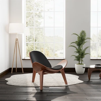 Стол за почивка средата на века, точно копие на стол във формата на миди, Модерно кресло-статив, 3 цвята на дървото с черни кожени столове за всекидневна