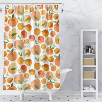Персиково-оранжев цвят завеса за душ с мультяшными плодове, завеса за баня с плетене на една кука, лесно подвешивается от водоустойчив полиестер, 180x180 cm
