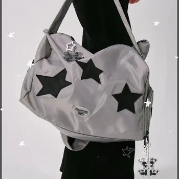 Y2k, Найлон Сребриста чанта с Голям капацитет, дамска чанта в стил мозайка със звездите, Модерна чанта за отдих, модерна спортна чанта през рамо