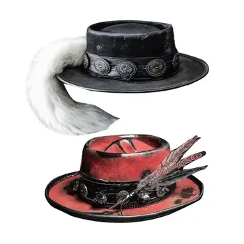 Готически Дамски Мъжки Ковбойская шапка с украса от пера за Хелоуин, Елегантни Дамски Фетровая шапка с изображение на Череп, Ветрозащитная за възрастни