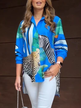 Ежедневни ризи с леопардовым принтом, Дамски Пролетно-летни Модни Ризи с копчета и дълъг ръкав За жени 2023, Плажна Дългата риза в стил Бохо, Топ Femme