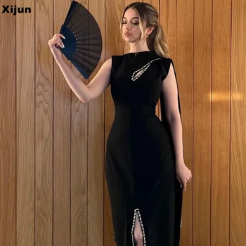 Черно велюровое рокля за бала Xijun ръчно изработени, Скромни вечерни рокли с цепка отстрани, Рокли за специални случаи, с шал, Vestidos De Noche