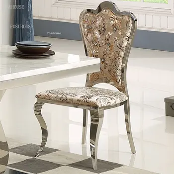 Лесни и модерни трапезни столове от неръждаема стомана, кухненски мебели, Европейска мода, Домашен стол за трапезария в хотела, стол с тъканната облегалка