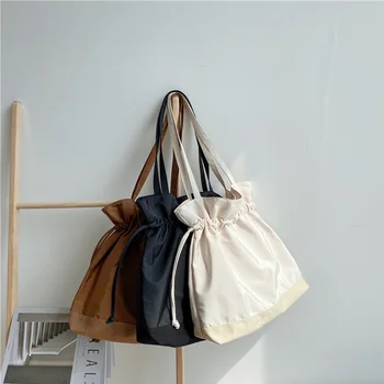 Дамски холщовые чанта през рамо, в стил мозайка, Тъканно чанта-тоут с рюшами и завязками, Голяма еко-чанта за пазаруване за момичета