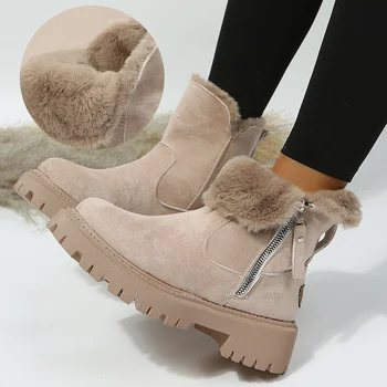 Зимни обувки от дебел плюш, Женски нескользящие зимни обувки от изкуствен велур, Дамски утепленная обувки с памучна подплата, ботильоны на платформата, 2023