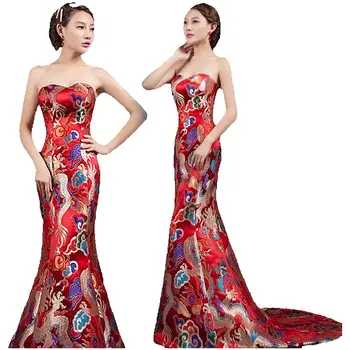 Китайското Дълга Сватбена рокля Ципао, Ориенталски костюм, Винтажное Рокля с Влак в Шанхай Стил, Елегантен Чонсам
