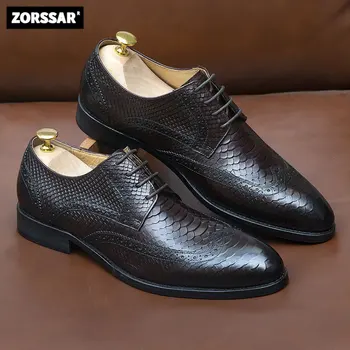 Мъжки бизнес кожени обувки от естествена кожа ръчно изработени, мъжки обувки с отпечатан във формата на риба везни, Обувки-дерби с остър бомбе, мъжки вечерни модела обувки