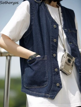 Дънкови жилетки, дамски обикновена джобове, универсални Нови летни основа за почивка В японски стил, стръмни, Свободни, Специални, убеждава, стилни