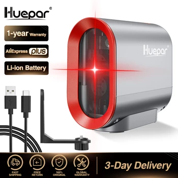 Huepar 2 линия Литиево-йонна Батерия Самовыравнивающийся Лазерен Ниво и самонивелирующийся Червен Лъч Напречната линия с пулсиращи режима и адаптер лазерен Инструмент