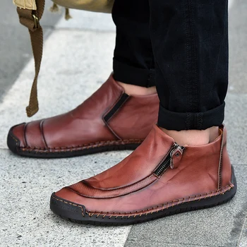 Висококачествени мъжки обувки от естествена кожа, ежедневни мъжки лоферы без закопчалка, мъжки мокасини върху плоска подметка, ръчно изработени обувки, големи размери