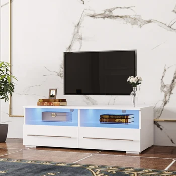 Бял телевизионен шкаф е с две повдигащи кутия с двухконцевой led лента, цвят меняющей