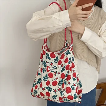 Дамски холщовая чанта през рамо С флорални принтом Пазарска чанта Чанти за пазаруване на Тъканта, чанта-тоут За момичета