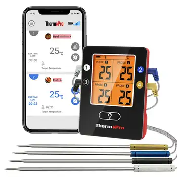 Bluetooth-термометър за месо с радиус на действие на 650 фута, 4 сонда, която е съвместима с вашия смартфон (iOS /) Секретарят на температурата Medidor de temperat